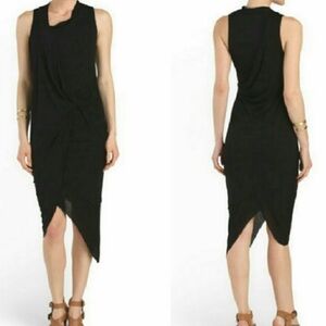 Helmut Lang $495 Asymmetrical Drape Jersey Dress Size S Black Midi High Low